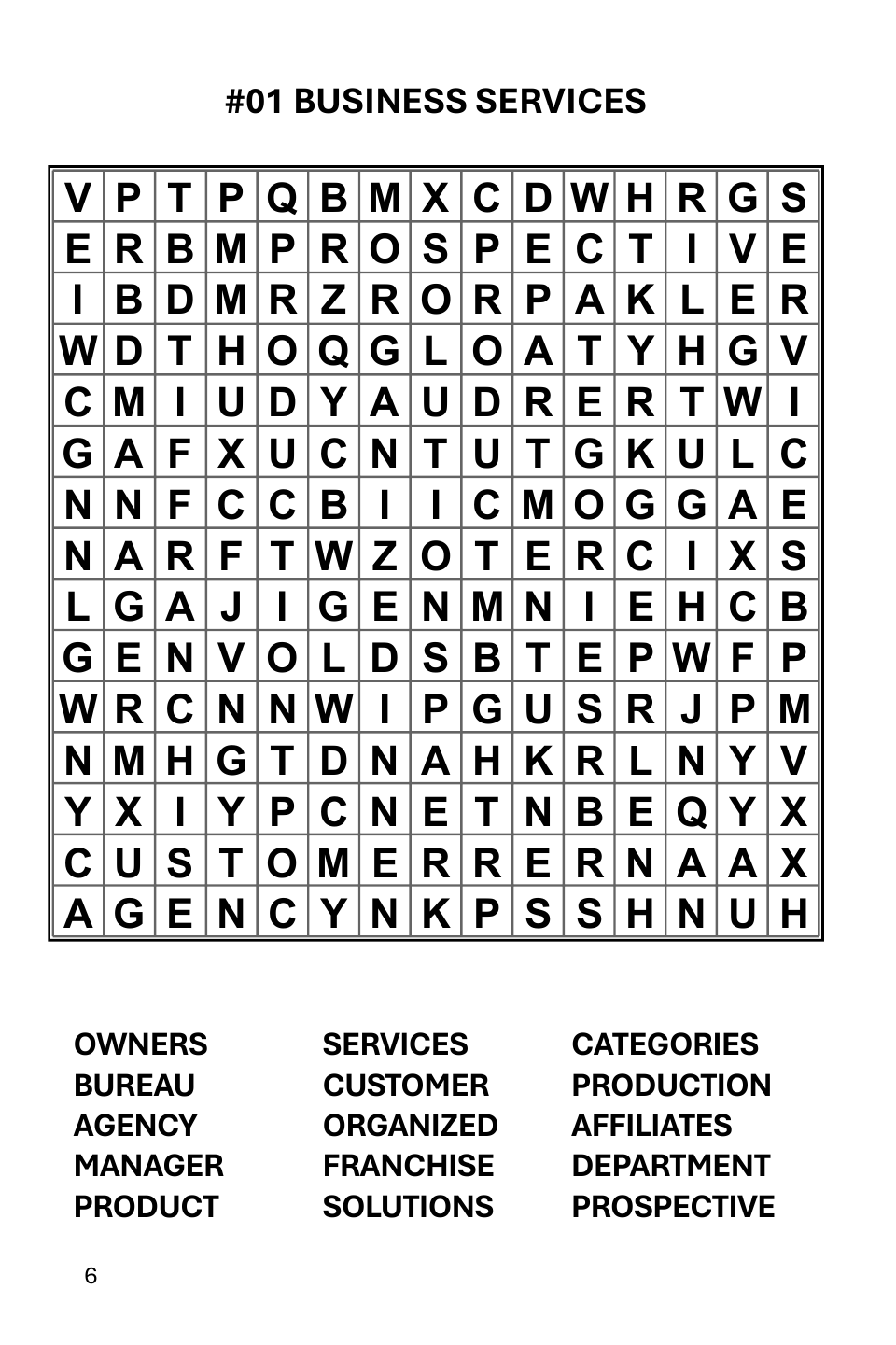 Volume 2 Business Services puzzle page with a 15 by 15 word-search grid